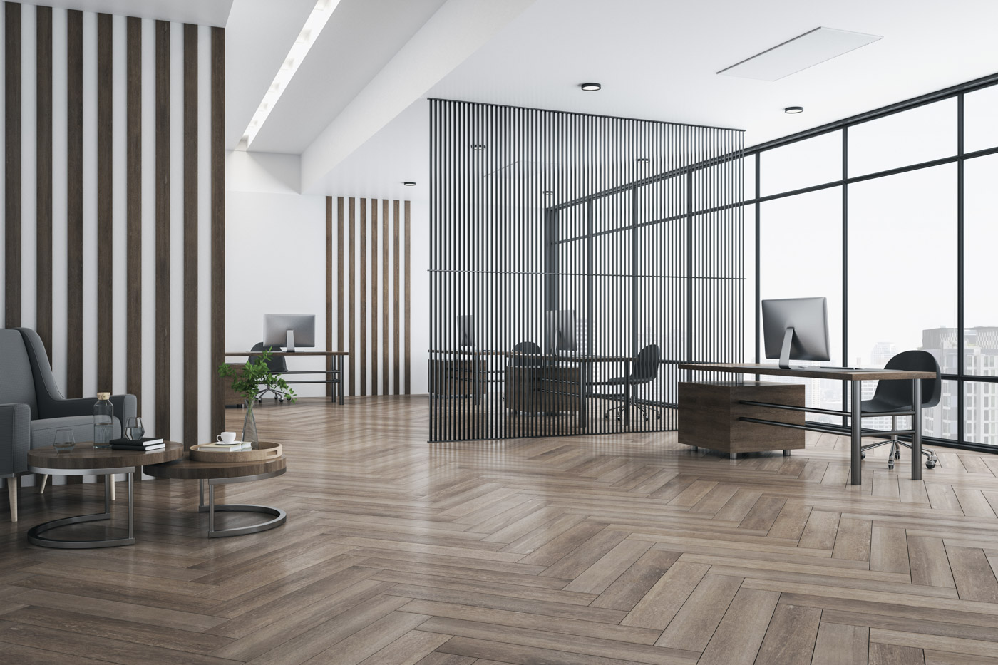 Eco,Style,Interior,Design,In,Spacious,Office,With,Parquet,,Dark
